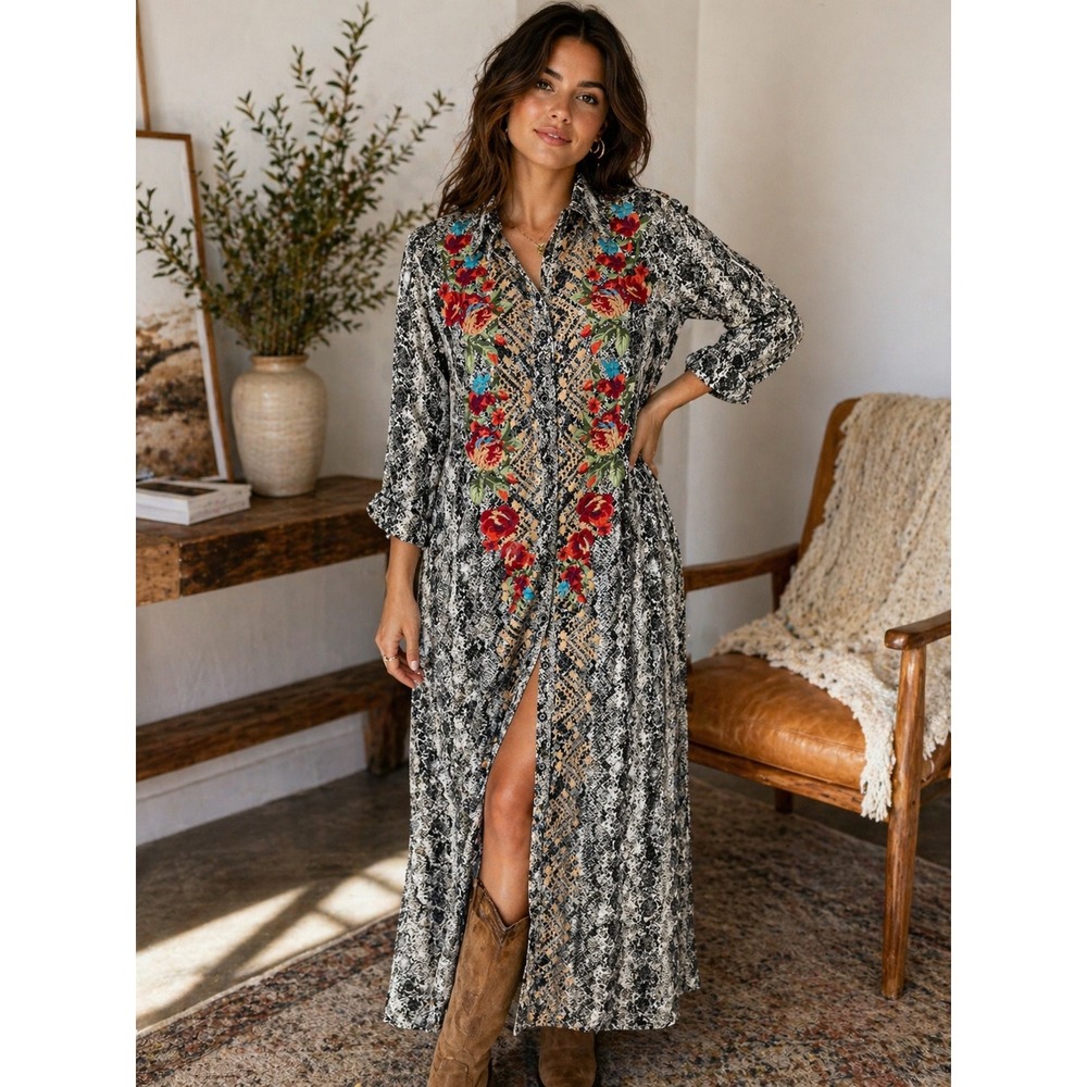 Savanna Jane Embroidered Maxi Shirt Dress Boho Western Floral Long Sleeve Size S